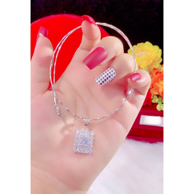 Dây chuyền bính và mặt dây chuyền hình vuông đính đá trắng mạ bạch kim