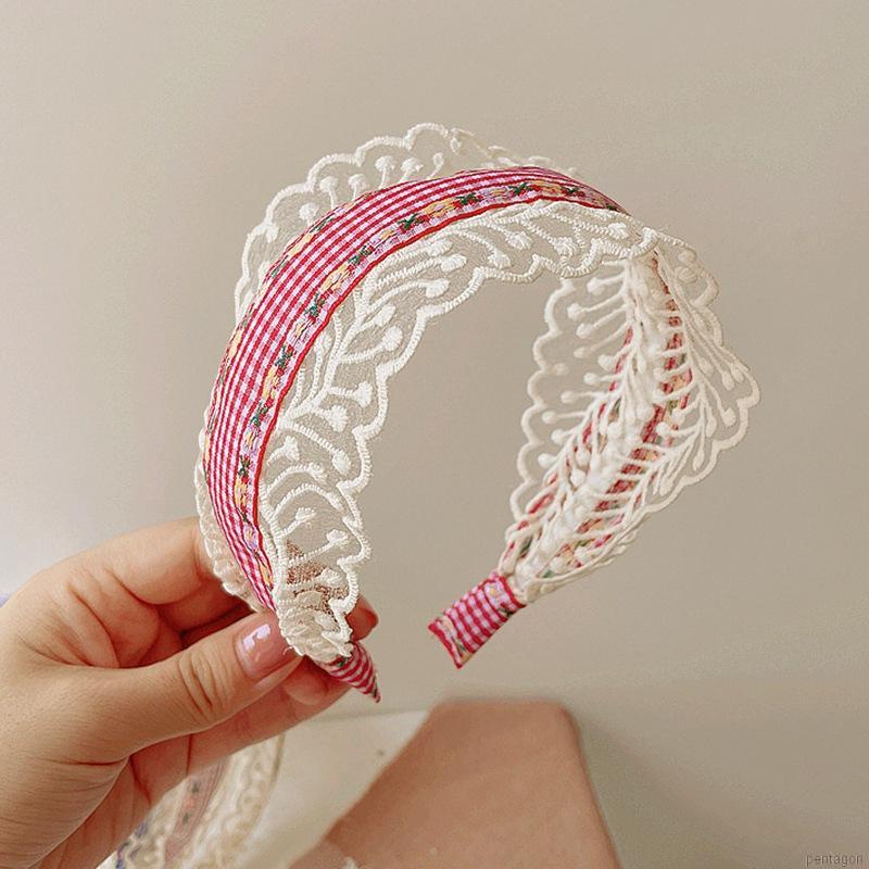 Cài tóc bé gái họa tiết sọc caro phối ren phong cách retro Hàn Quốc