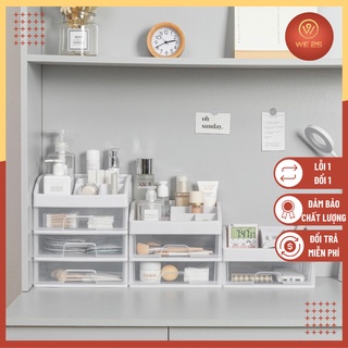 Kệ tủ đựng đồ , mỹ phẩm đa năng bằng nhựa nhiều tâng có ngăn trong suốt viền trắng kèm khay đựng mỹ phẩm, trang sức