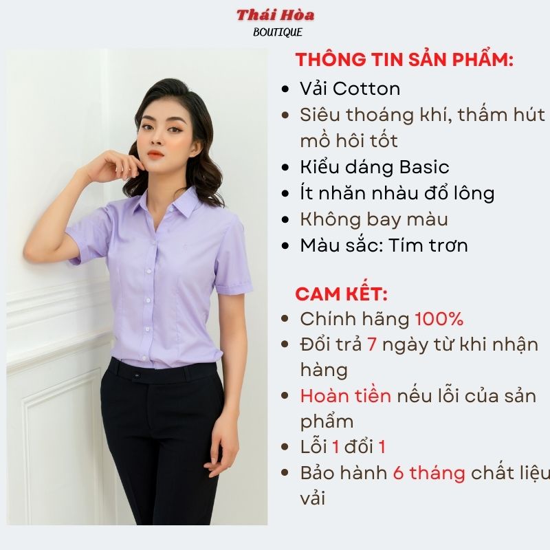 Áo sơ mi nữ tay ngắn đẹp kiểu công sở bigsize màu tím cotton Thái Hoà N047-08-01