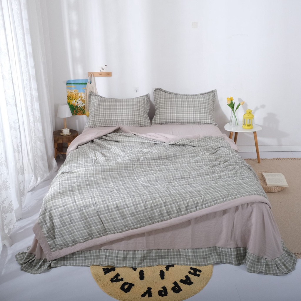 Bộ chăn ga gối Cotton đũi cao cấp, Set chăn ga gối đũi hè, chăn trần bông nhập khẩu chất liệu vải đũi mềm mại