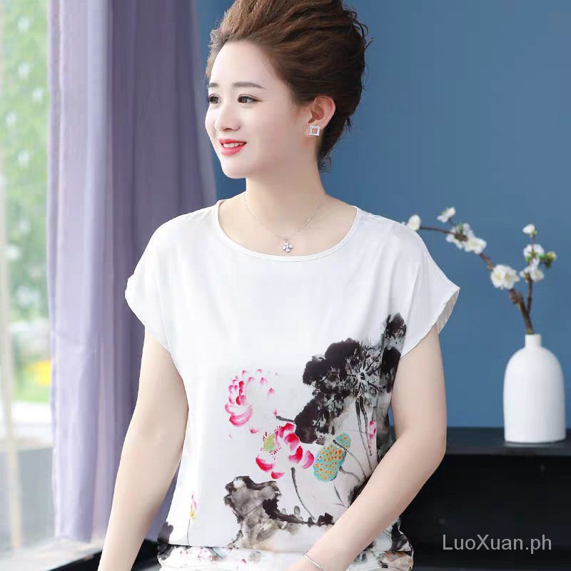 Áo Thun Tay Ngắn Dáng Rộng Vải Lụa Mát Mỏng Cỡ Lớn Thời Trang Cho Nữ Trung Niên