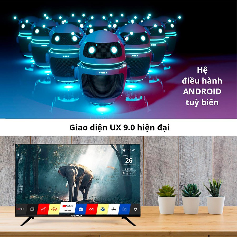 Smart Voice Tivi SANCO 32 inch HX32V330 Android 9.0, Có Remote Giọng Nói, DVB-T2, Tấm nền Samsung, Tivi Giá Rẻ