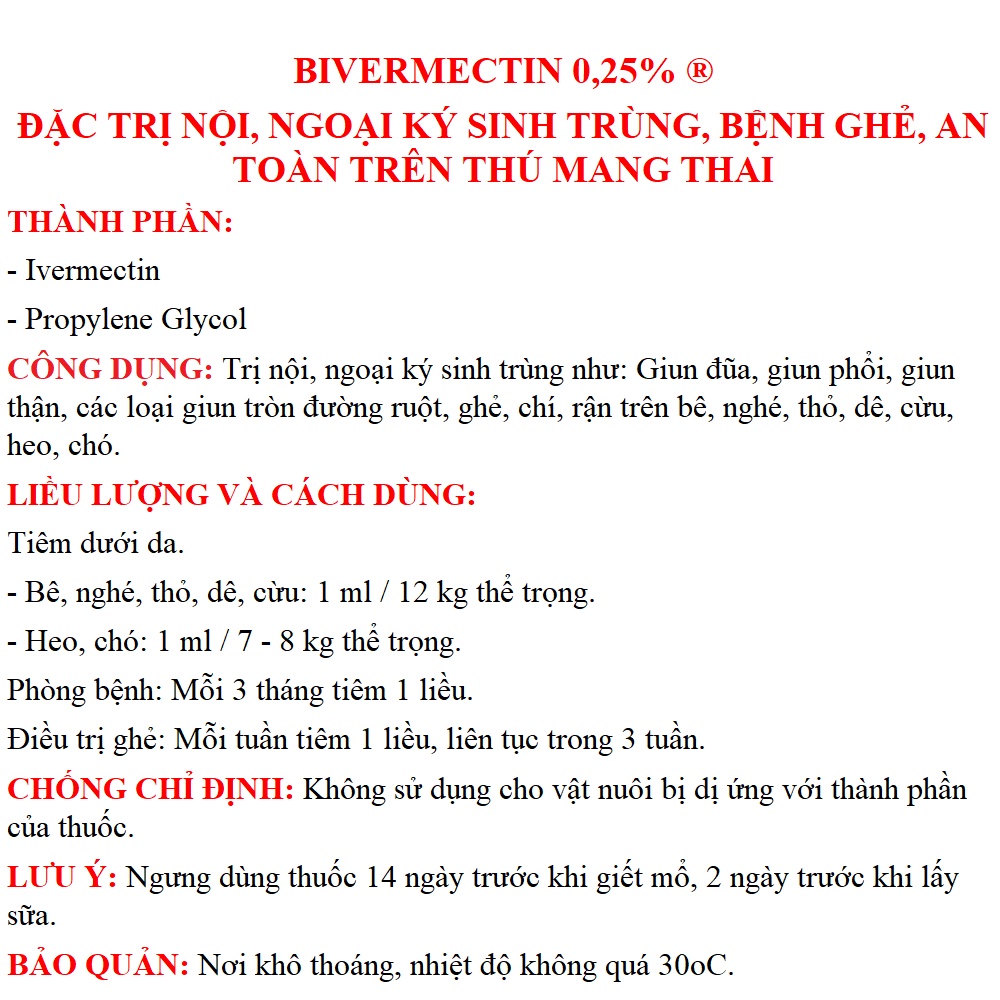 Bio Bivermectin 0,25% 20ml Trừ ghẻ, ve rận, nội ngoại ký sinh trùng vật nuôi