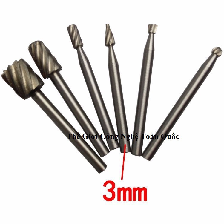 Bộ 6 mũi lũa gỗ điêu khắc, chạm trỗ mài khắc HSS chân 3mm dùng cho máy khoan mài mini