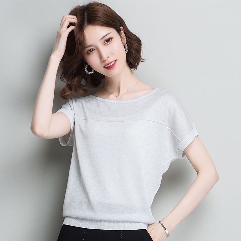Large size loose 2022 summer new bat sleeve bright silk sweater short sleeve t-shirt for women