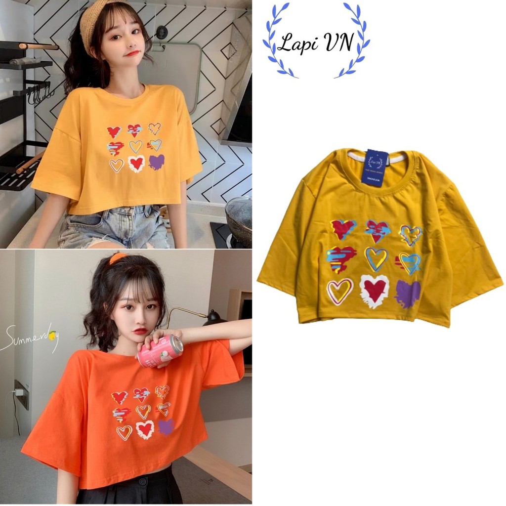 Áo Croptop Nữ Tay Lỡ In Hình Trái Tim Lapi VN Phong Cách Ulzzang Freesize Phom Rộng, Áo Thun Unisex