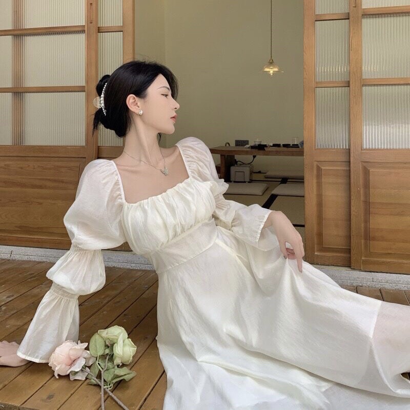 Đầm Váy Nữ Mặc Tết Dáng Dài, Tay Dài, Hở Lưng Buộc Nơ Sau 2 Màu