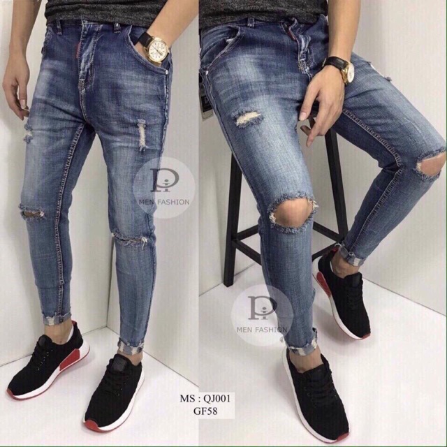 Quần jeans dài nam thời trang rách gối