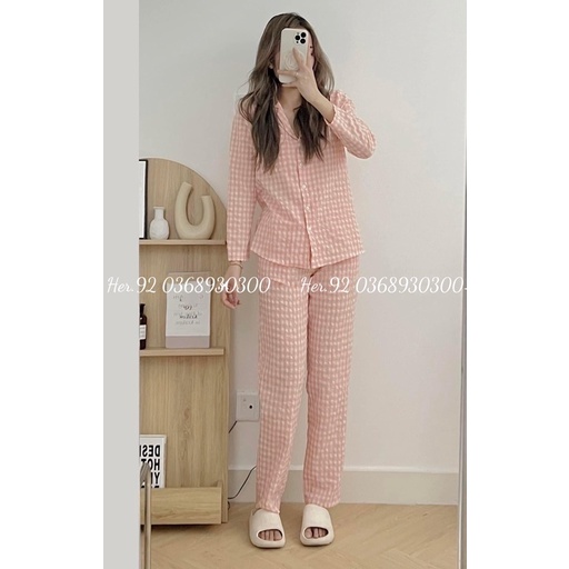 Bộ pijama chất đũi mềm tay dài quần dài hoạ tiết kẻ ô Hàng thiết kế siêu hot