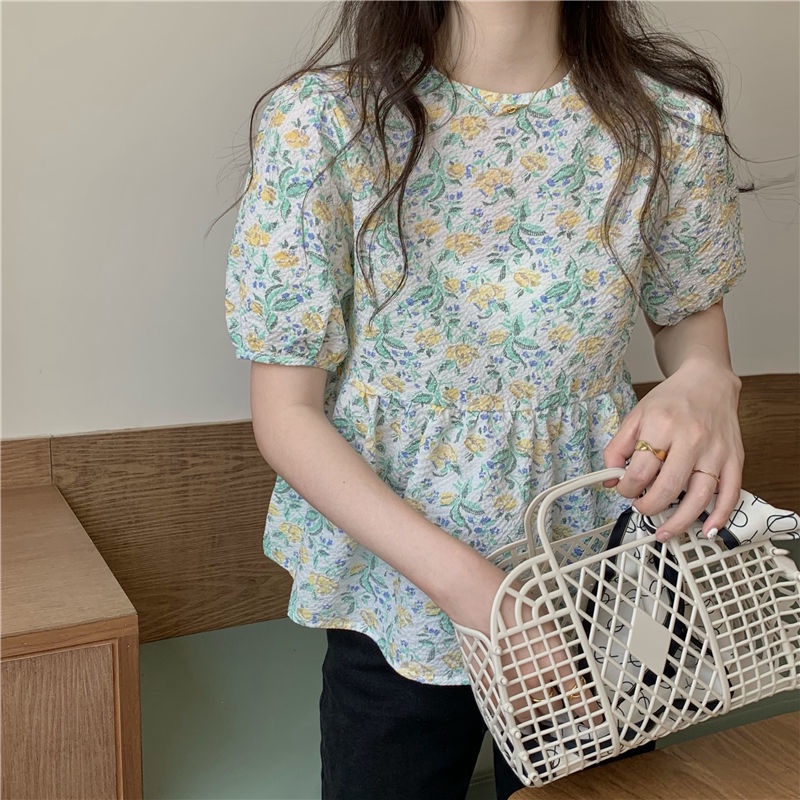 Salty Áo Sơ Mi Ngắn Tay Phồng Ngọt Ngào Giảm Tuổi Hình Hoa Cho Nữ
