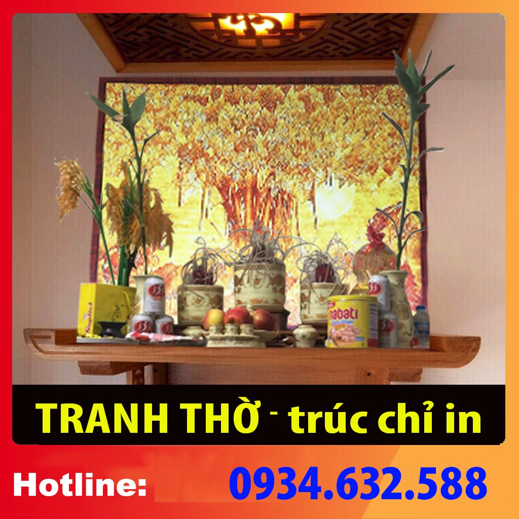 - kt 61cmx81cm - Cây bồ đề - dán vách thờ, bàn thờ, tượng thờ tranh trúc chỉ in MÂU NI