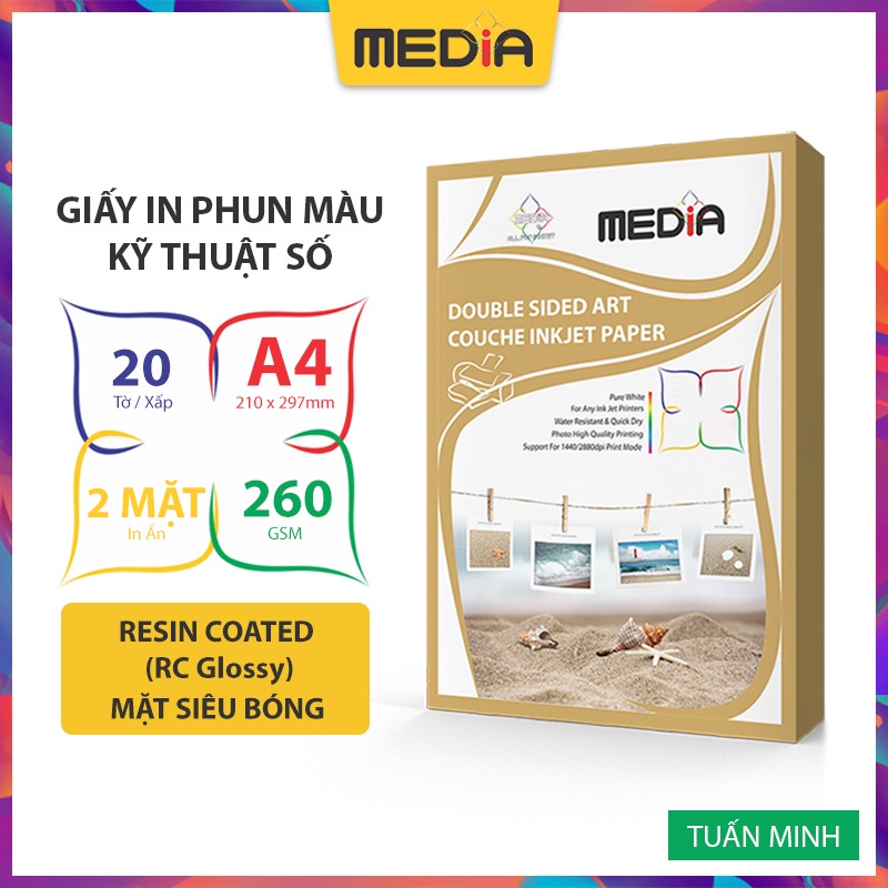 Giấy In Phun Màu Media Inkjet 2 Mặt Siêu Bóng (Resin Coated Glossy), A4 260gsm 20 Tờ, Dùng Cho Tất Cả Máy In Phun Màu