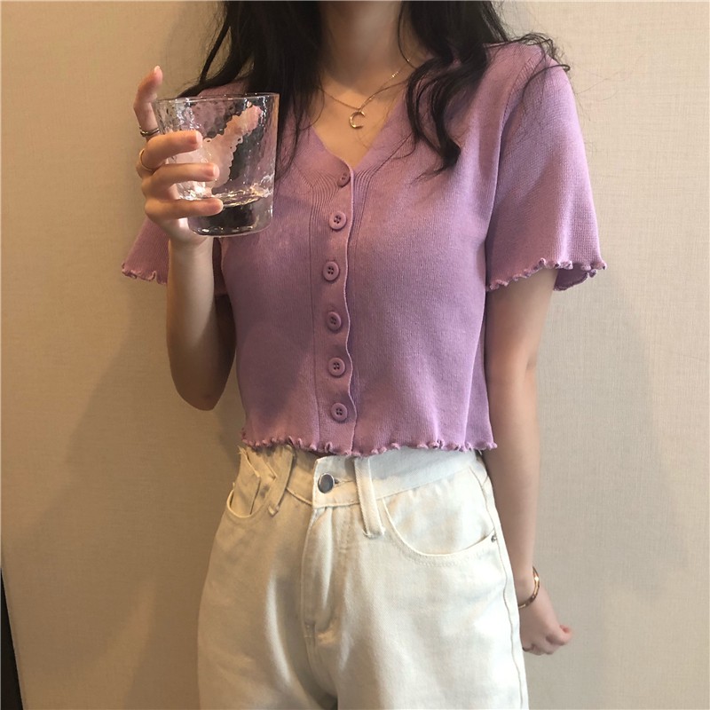 Áo Croptop Dệt Kim Ngắn Tay Phối Ren Xinh Xắn Cho Nữ