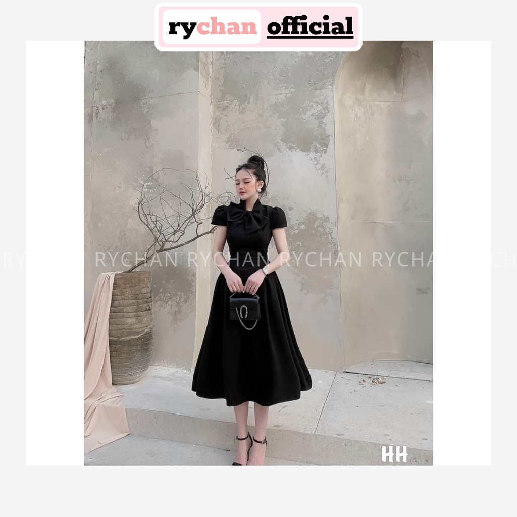 Đầm Xòe Midi Tay Hến Chiết Eo Cổ Đính Nơ [Ảnh Thật Cuối] - DX0070