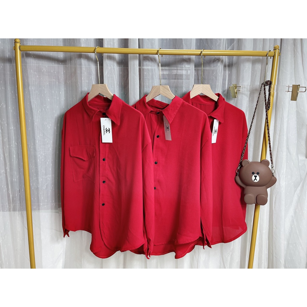 Áo sơ mi form rộng đỏ áo sơ mi thụng nữ giấu quần LD024 | BigBuy360 - bigbuy360.vn