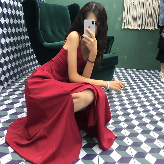 (R157) đầm ulzzang hai dây xẻ tà hai màu hàng order 6 đến 8 ngày