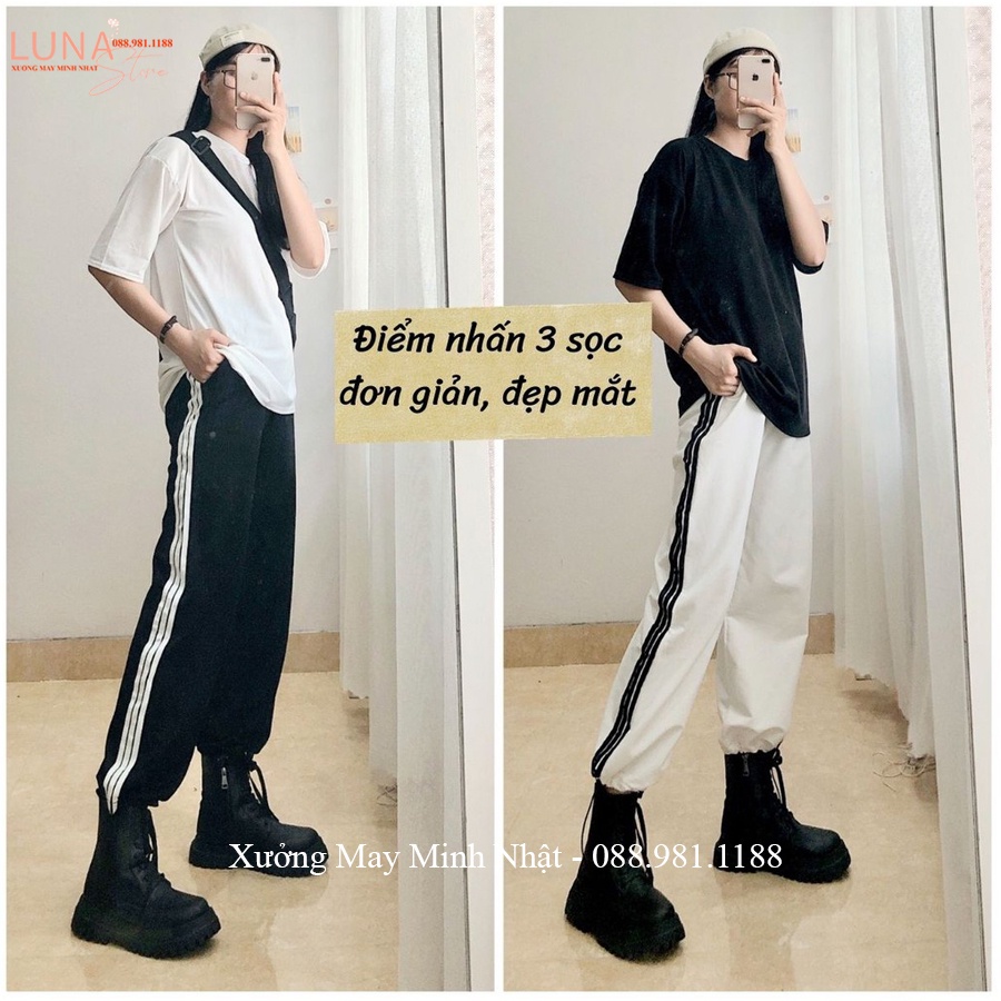 Quần thể thao ống rộng nữ dài có dây rút gấu viền kẻ 3 sọc trắng vải Umi co dãn - Quần jogger ống rộng nữ đi học thể dục