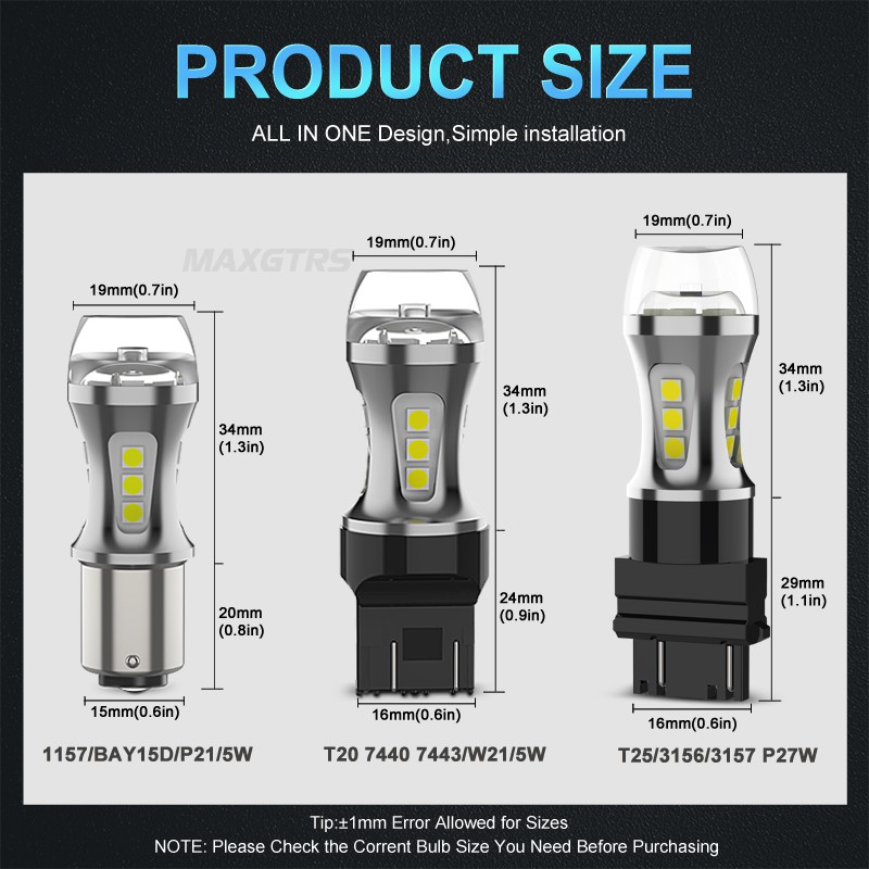 Set 2 đèn LED MAXGTRS 1156 1157 7440 7443 3156 3157 LED BA15S BAY15D P21W T20 P21/5W W21/5W S25 dành cho xe ô tô