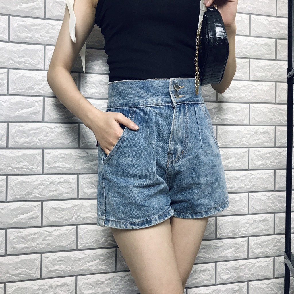 Quần short jean nữ ulzzang cạp cao hai cúc màu xanh cá tính