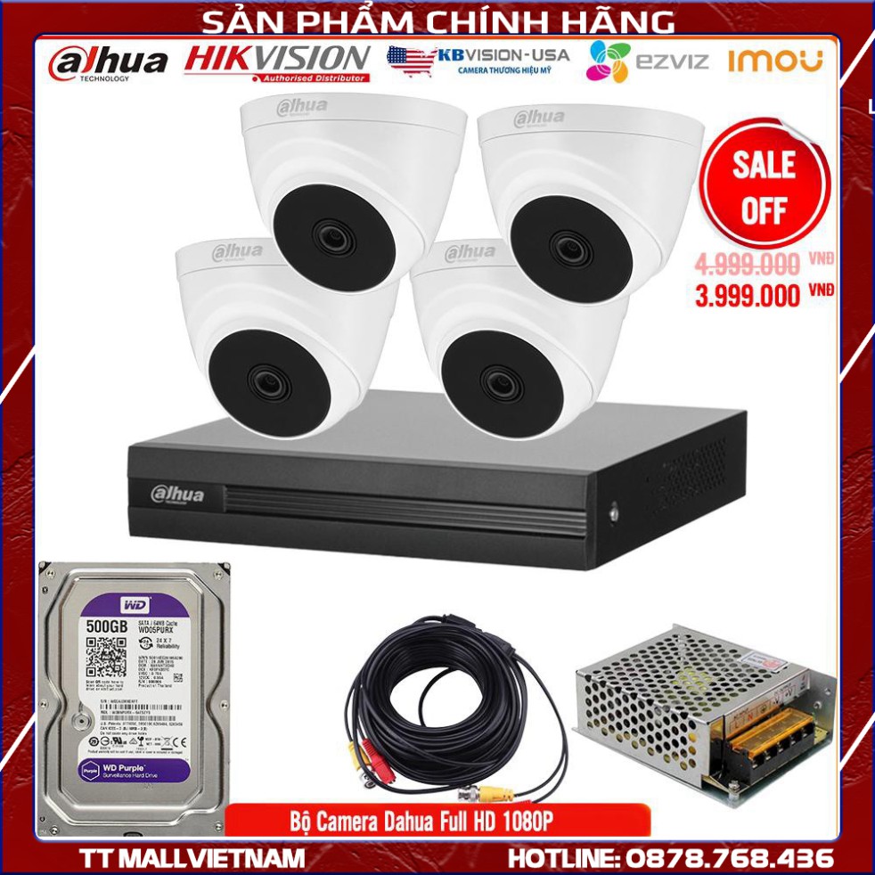 Trọn Bộ 4 Camera Dahua Dome 2.0 mp kèm HDD 500G + 10 mét dây liền nguồn đúc sẵn 2 đầu + Nguồn tổng 5A