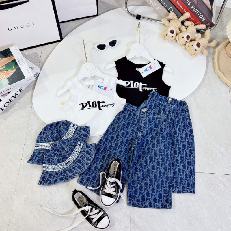 Set 3 chi tiết áo cotton quần xuông kèm mũ chất lừ bé gái