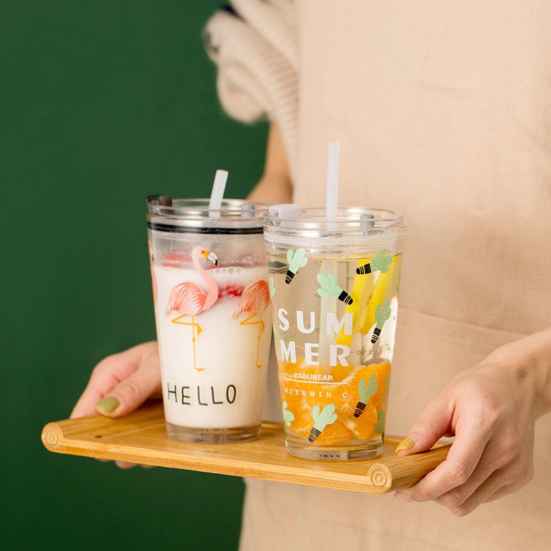 🍓TẶNG ỐNG HÚT🍓 Ly thủy tinh Cao Cấp có nắp 450ml in hình hồng hạc , snoopy | BigBuy360 - bigbuy360.vn