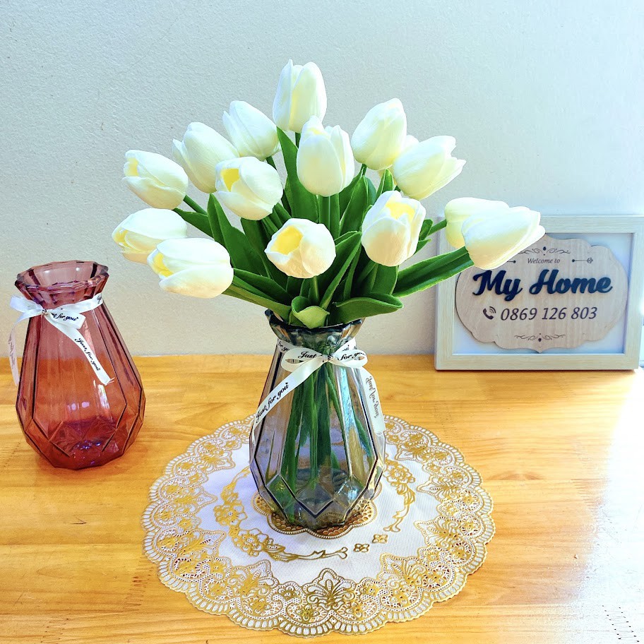 Một bông Hoa Tulip lá thẳng PU cao cấp - Hoa giả lụa trang trí, để bàn, chụp ảnh