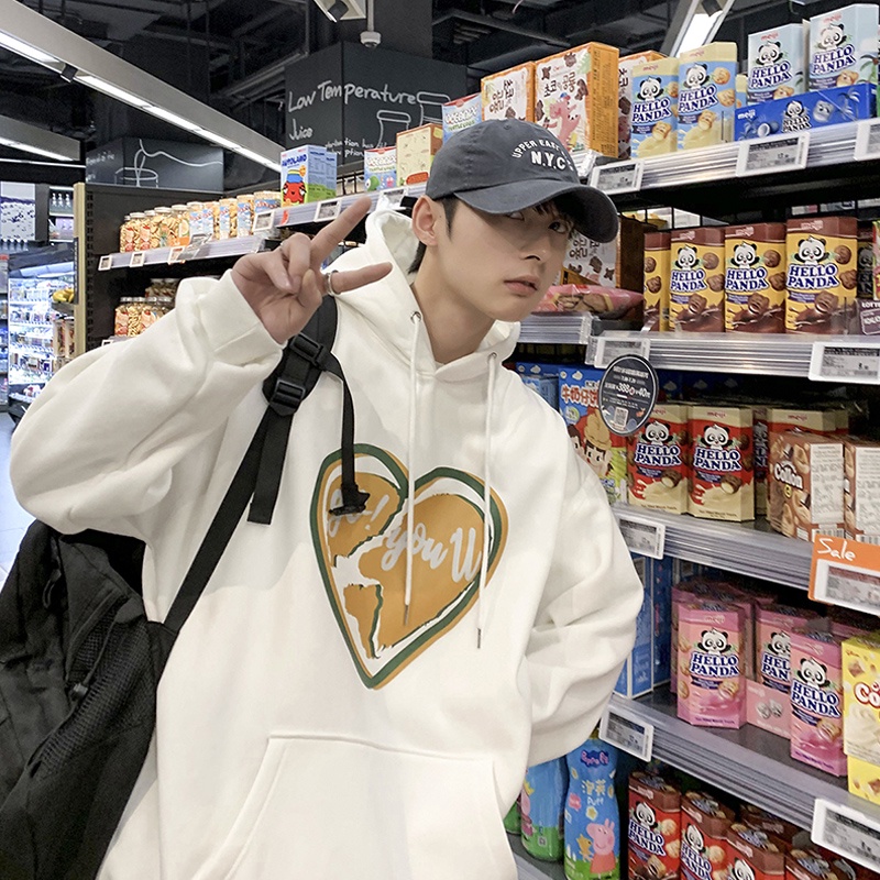 Áo Hoodie Tay Dài Dáng Rộng In Hình Trái Tim Thời Trang Hip Hop Hàn Quốc Cho Nam Size M-3Xl