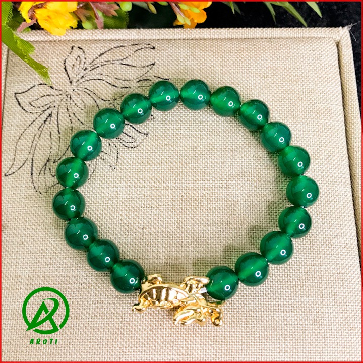 Vòng Tay Phong Thủy Mệnh mộc - Vòng Tay Mã Não Xanh Lá 8mm Mix Long Quy Vàng Độc Lạ V379-8