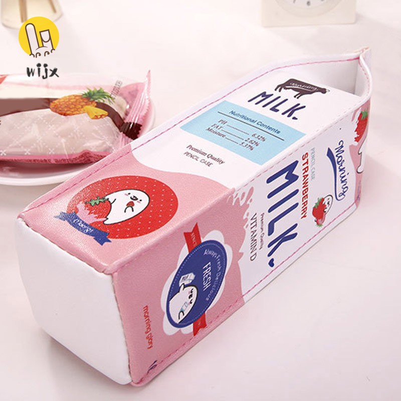 Túi Đựng Bút Bằng Da Pu Hình Hộp Sữa Dễ Thương Có Khóa Kéo Phong Cách Hàn Quốc