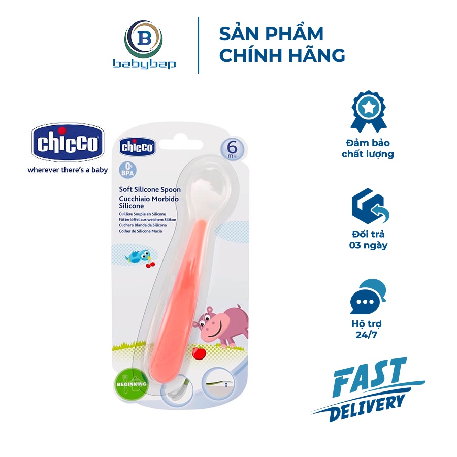 Thìa Ăn Silicone Chicco Cán Thìa Cong, Giúp Mẹ Cầm, Múc Thức Ăn Dễ Dàng