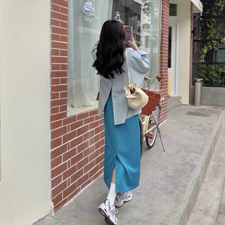 Chân váy lưng cao xẻ tà màu xanh lam / Áo sơ mi kẻ sọc màu xanh phong cách phương Tây thời trang hè cho nữ