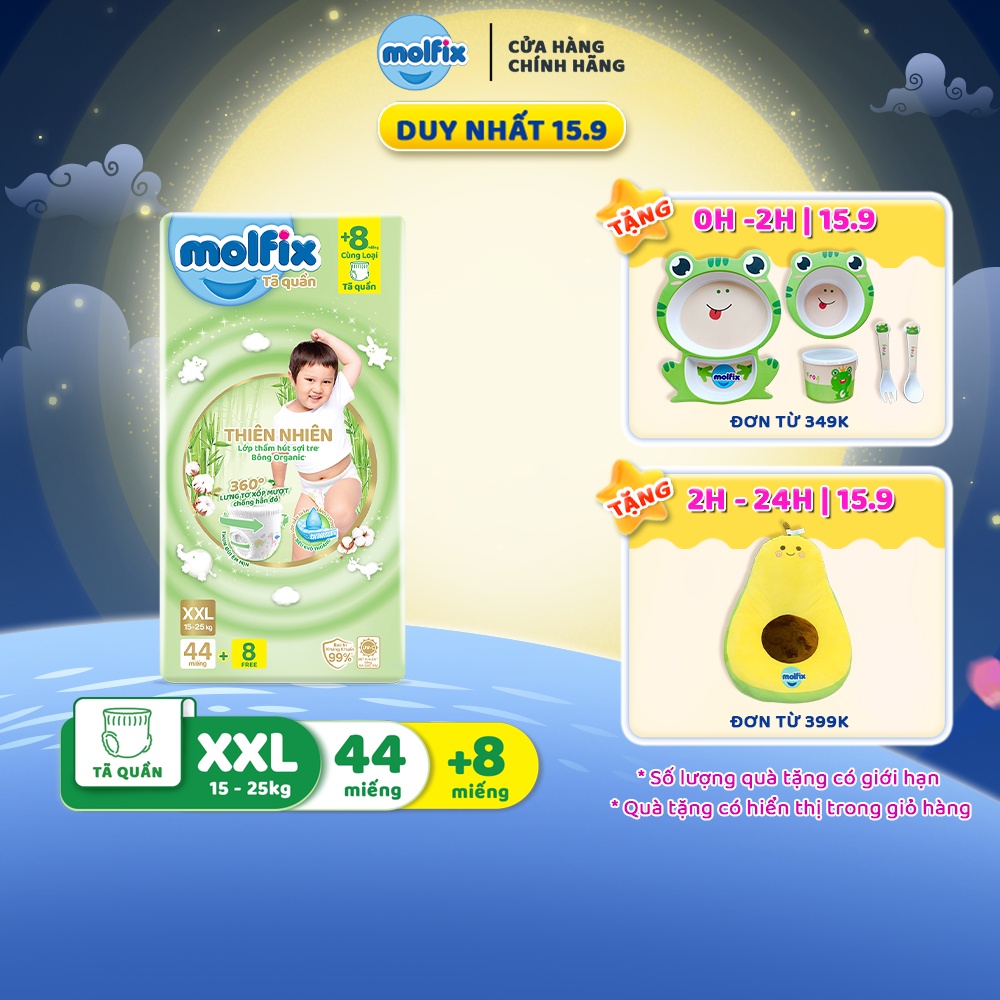 Tã/bỉm quần Molfix Thiên nhiên Super Jumbo XXL (15kg 25kg) Gói 44+8 miếng