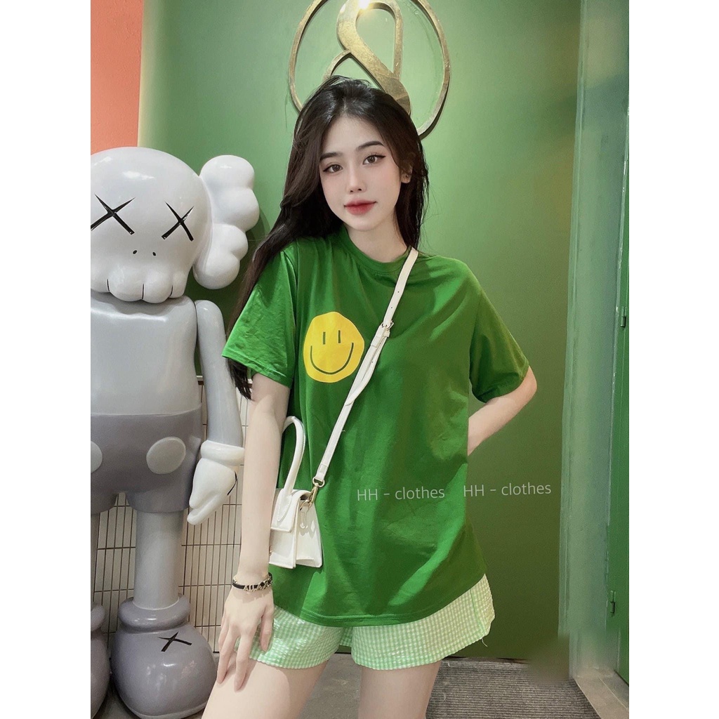 Set bộ đồ nữ áo thun thụng tay lỡ in hofnh mặt cười mix quần đùi sooc kẻ caro xốp dễ thương cá tính mặc nhà mùa hè