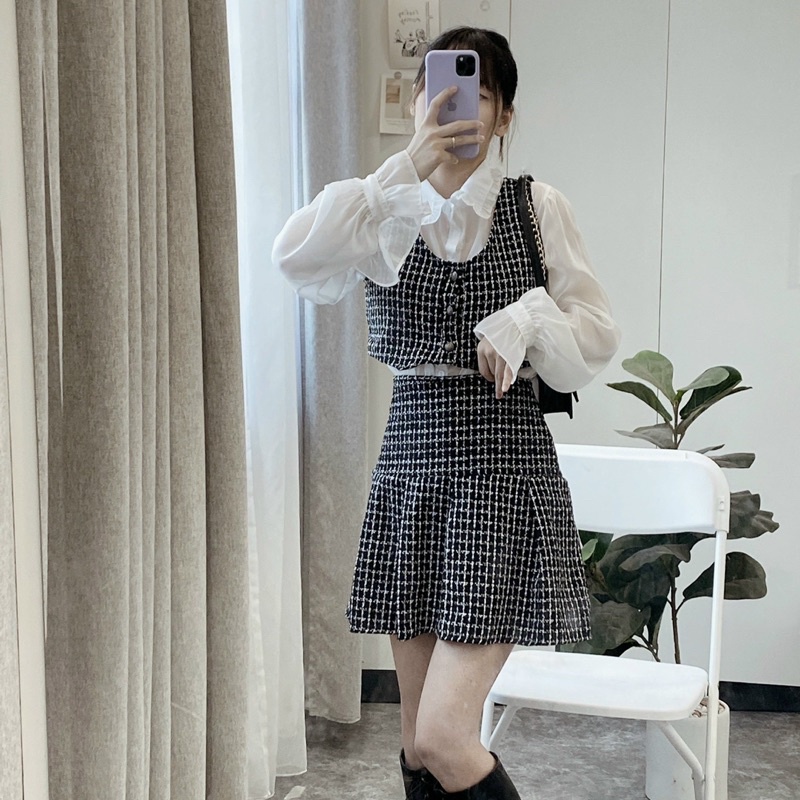 Set dạ tweet,dạ tweet kẻ đen 3 chi tiết