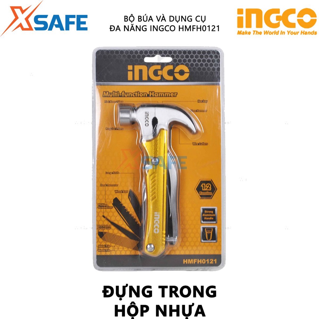 Búa đa năng INGCO HMFH0121 Bộ búa và dụng cụ đa năng 12 trong 1 gồm búa, kềm, dao, cưa, móc khóe, tua vít, giũa, lục gác