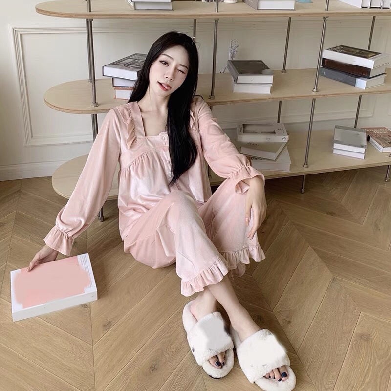 Bộ đồ ngủ chất nhung mỏng chui đầu phong cách công chúa ngọt ngào thời trang thu đông mới cho nữ