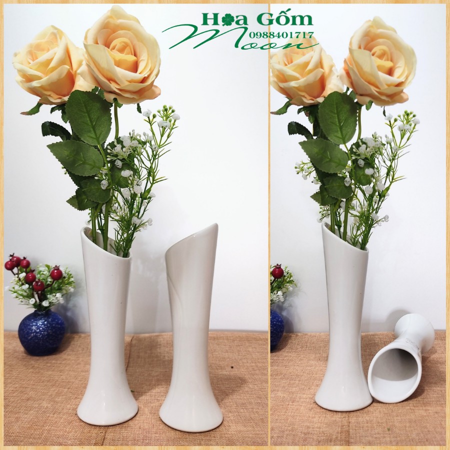 Lọ Hoa Gốm Sứ Miệng Xéo , Sứ Trắng Cao Cấp Cao 21 cm