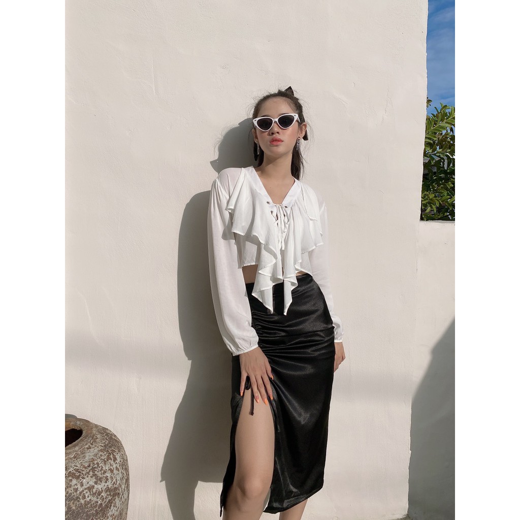 Chân Váy Xẻ Tà Cao Dáng Dài Satin Rút Dây - YCV018270