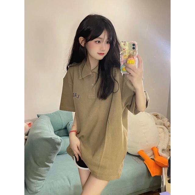 Áo Polo Nâu Tay Ngắn Dáng Rộng Thêu Chữ Phong Cách Vintage Thể Thao Hàn Quốc Có Cổ Đủ Size Phom Unisex