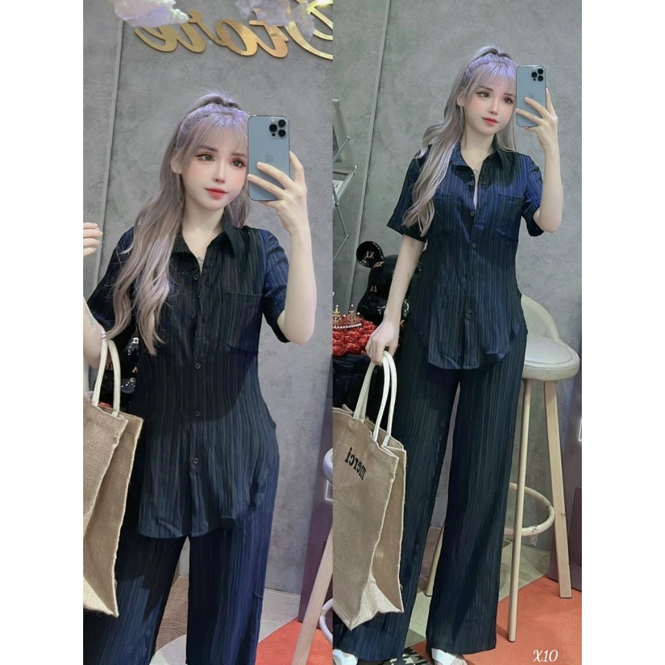 [Set bộ] Set áo và quần đi chơi phong cách đơn giản, dễ thương với quần dài ống rộng kèm áo sơ mi ngăn tay tà bầu