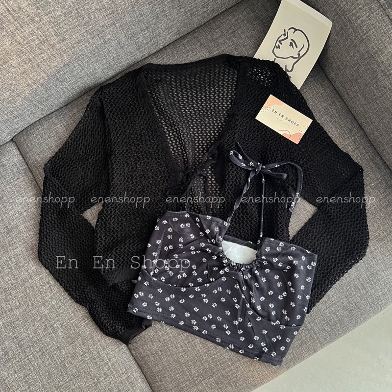 Set áo cadigan lưới + áo yếm hoa nhí