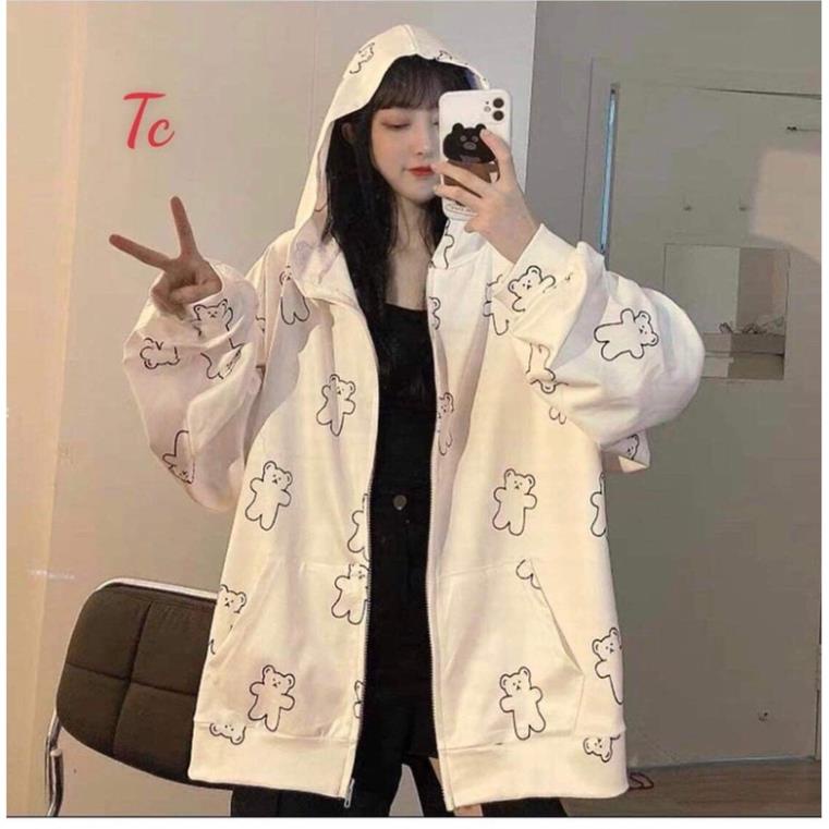Áo khoác nỉ mũ in gấu khoá dây kéo Tc