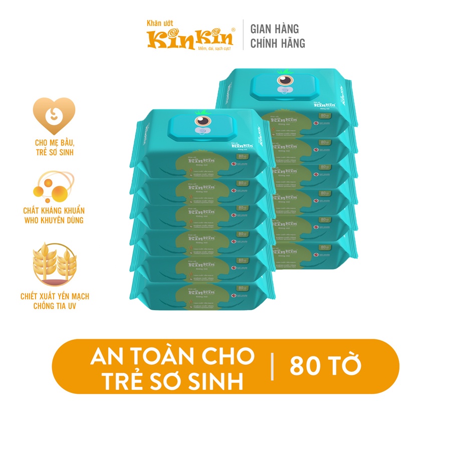 Khăn ướt cho bé chăm sóc da KinKin có nắp 80 tờ/gói - Combo 12 gói