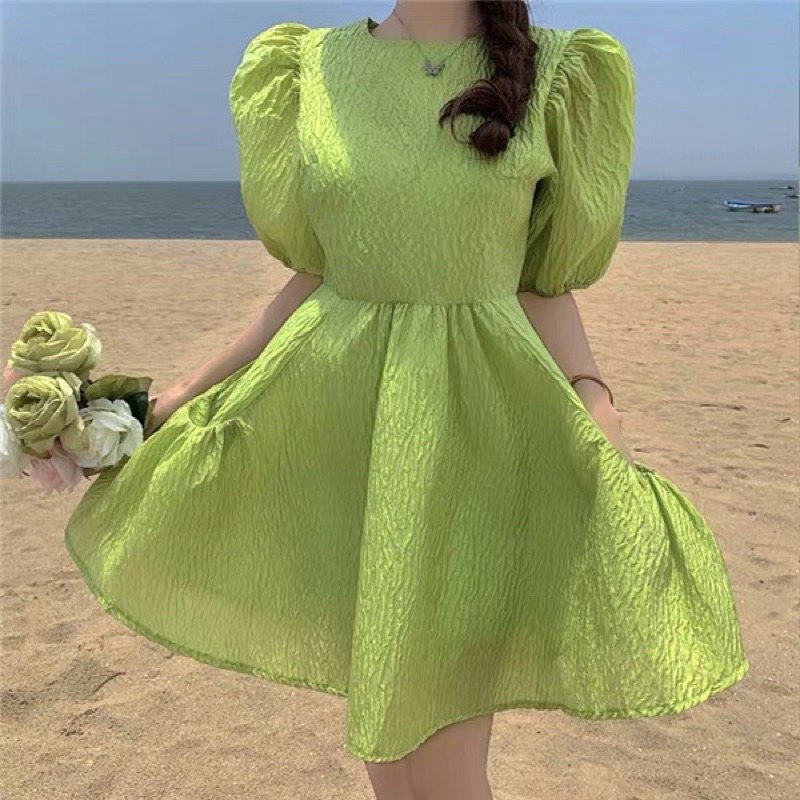 Đầm Babydoll Màu Xanh Vải Sần Xoè Xinh Xắn