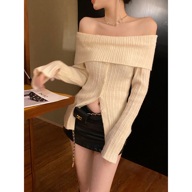 LALISAS Áo Len Tay Dài Hở Vai Màu Trơn Đơn Giản Thời Trang Hàn Quốc