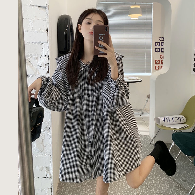Đầm Sơ Mi Tay Dài Cổ Búp Bê Kẻ Sọc Ca Rô Đen Trắng Phong Cách Pháp Thời Trang Mùa Xuân Cho Nữ 2022