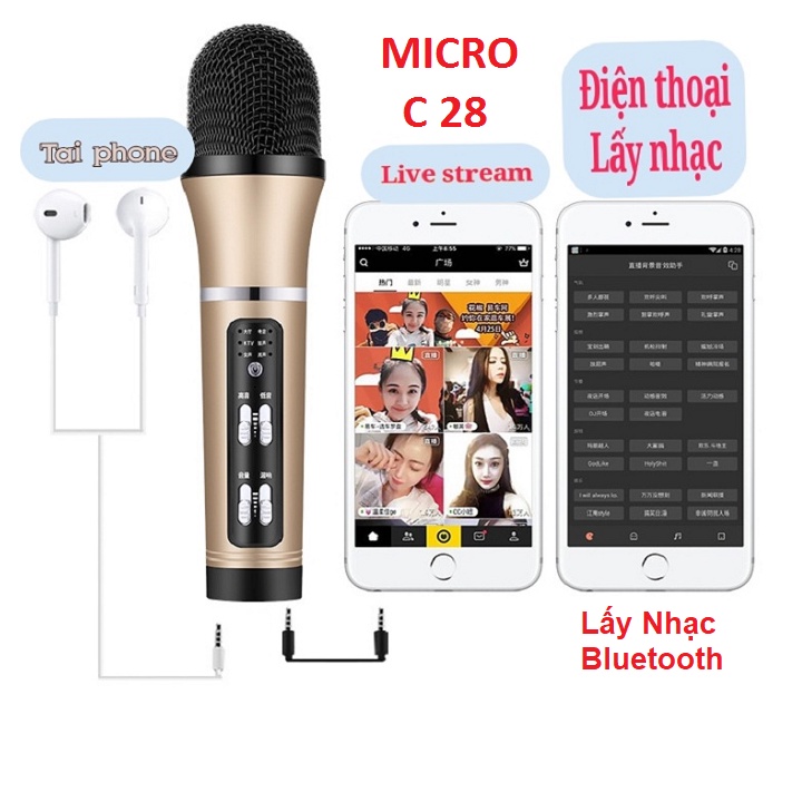 MICRO C28, MIC LẤY NHẠC BẰNG BLUETOOTH - HÁT LIVESTREAM KARAOKE CÓ CHẾ ĐỘ AUTOTUNE - THẾ HỆ MỚI 2022