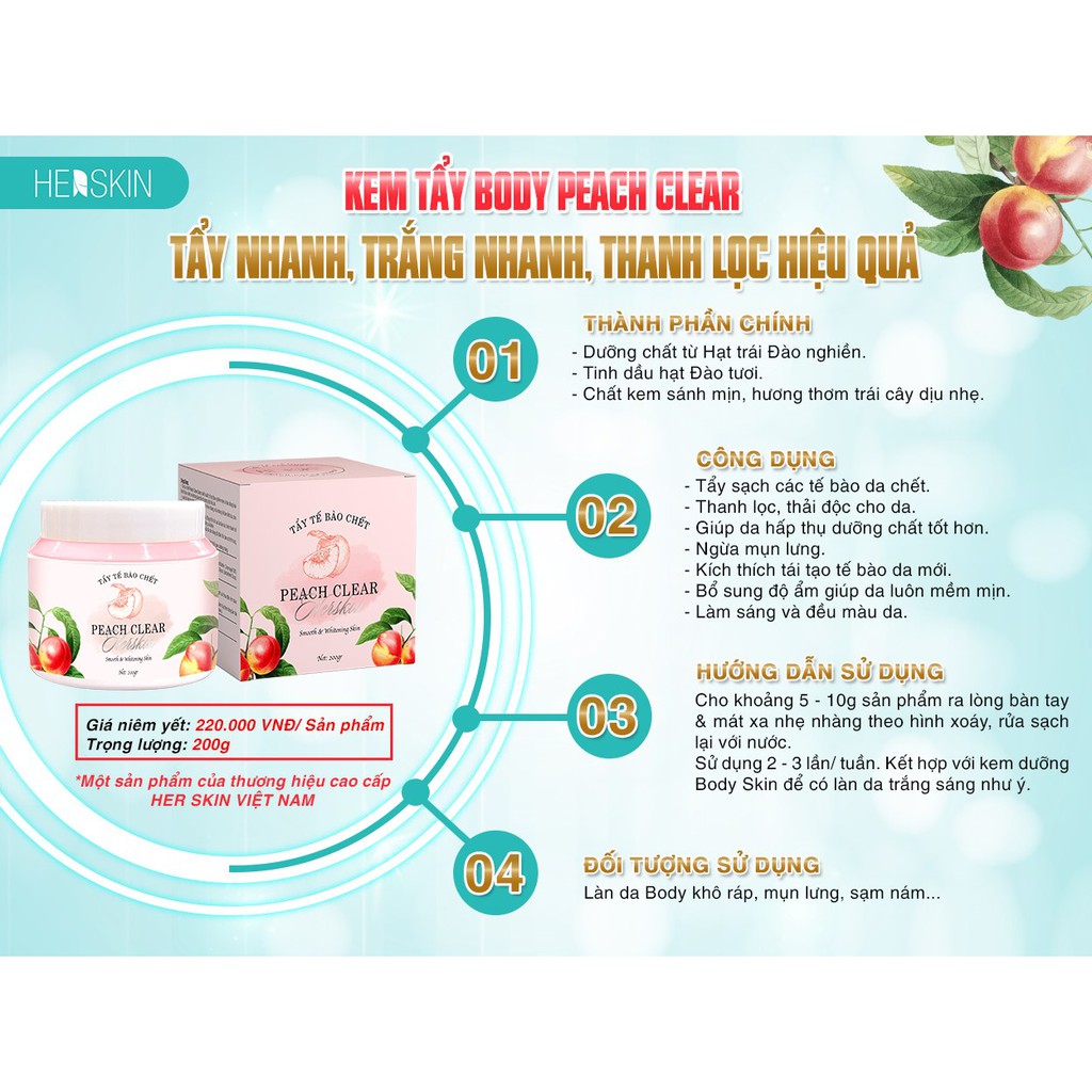 KEM TẨY BODY PEACH CLEAR TỪ HẠT ĐÀO NGHIỀN MỊN -NGỪA MỤN, THẢI ĐỘC, DƯỠNG TRẮNG- KHÔNG GÂY KHÔ DA HERSKIN PRINCESS WHITE